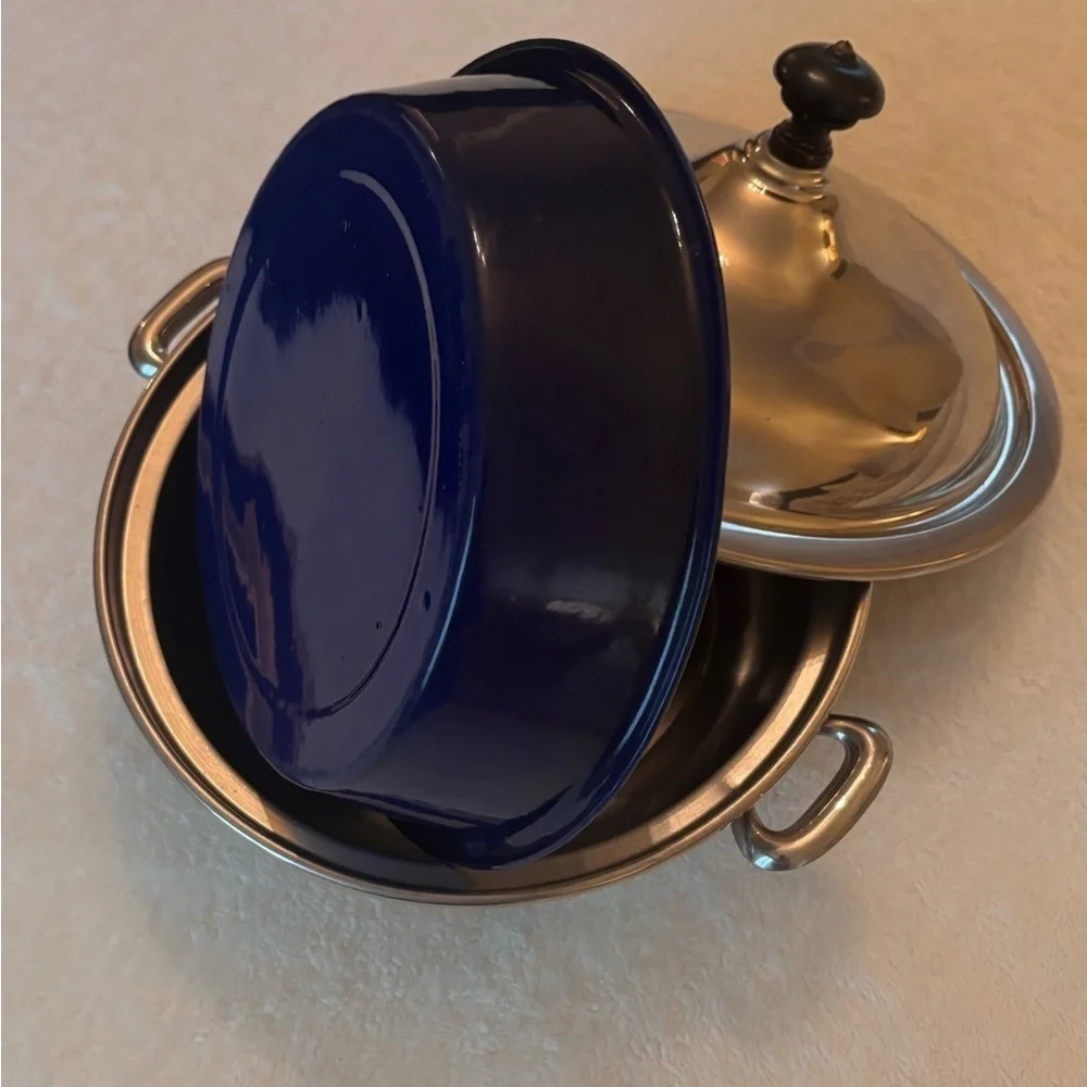 Vintage Silver Footed & Lidded Serving Dish with Cobalt Blue Insert Dish